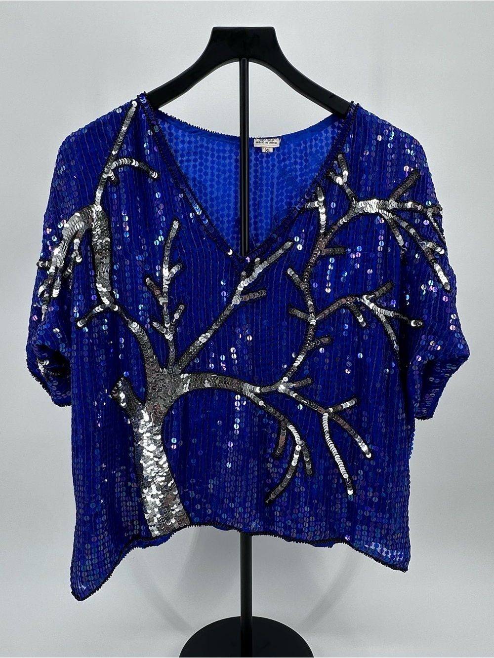 Silk & Sequin Tree-Embellished Royal Blue V-Neck Top